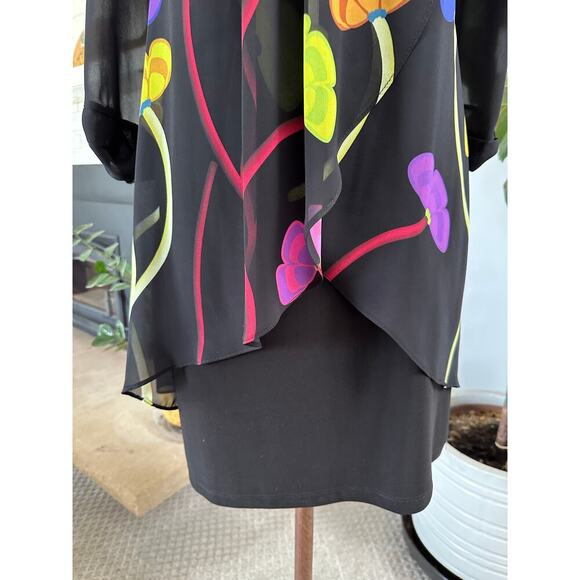 Women LS Black Floral Midi Dress 8 Boho Sheer Lined Quiet Luxury Asymmetric - Picture 3 of 13